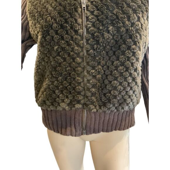 Tiara Brown Faux Fur Zip-up Ribbed Sleeves Collar Womens Sweater Size Large - Picture 3 of 13